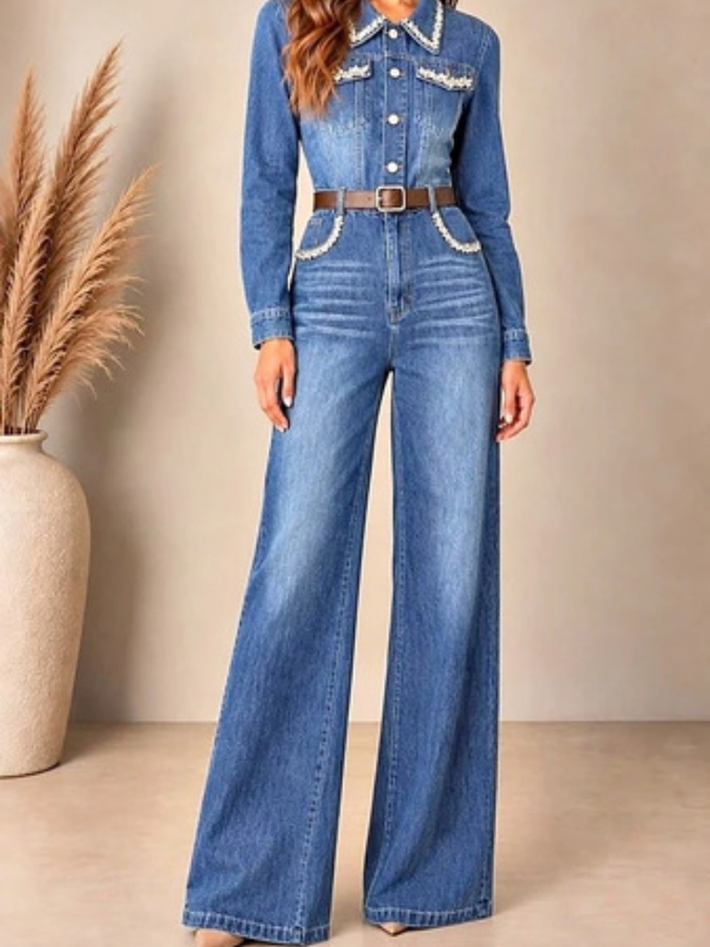 18 Women's Denim Embellished Rhinestone Belted Wash Effect Wide-Leg Jumpsuit